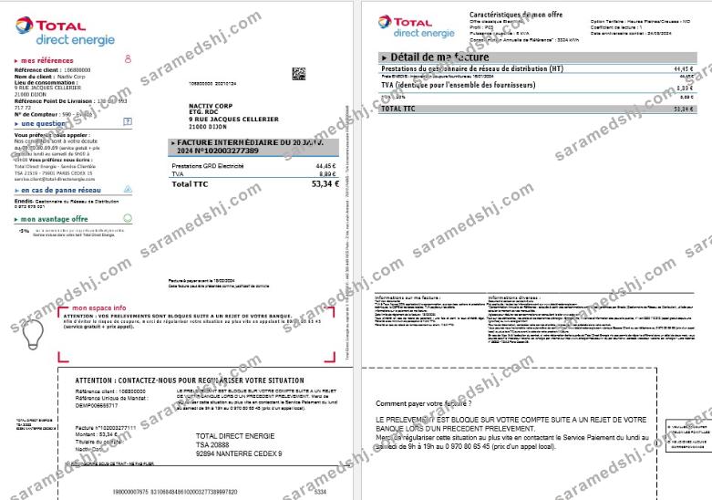 France Total Direct Energie business utility bill template in Word and PDF formats1